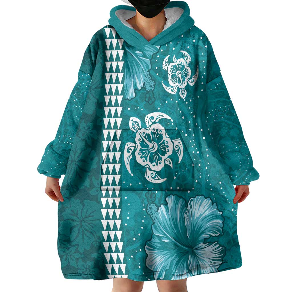 Teal Hibiscus Turle Wearable Blanket Hoodie Hawaiian Style Tribal Tapa Pattern LT9 - Polynesian Pride