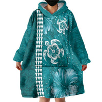 Teal Hibiscus Turle Wearable Blanket Hoodie Hawaiian Style Tribal Tapa Pattern LT9 - Polynesian Pride