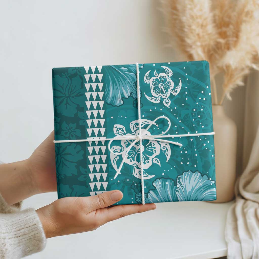 Teal Hibiscus Turle Wrapping Paper Hawaiian Style Tribal Tapa Pattern - Polynesian Pride