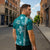 Teal Hibiscus Turle Zipper Polo Shirt Hawaiian Style Tribal Tapa Pattern - Polynesian Pride