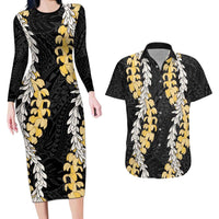 Puakenikeni and Maile Lei Couples Matching Long Sleeve Bodycon Dress and Hawaiian Shirt Black Double Strand Lei LT9 Black - Polynesian Pride
