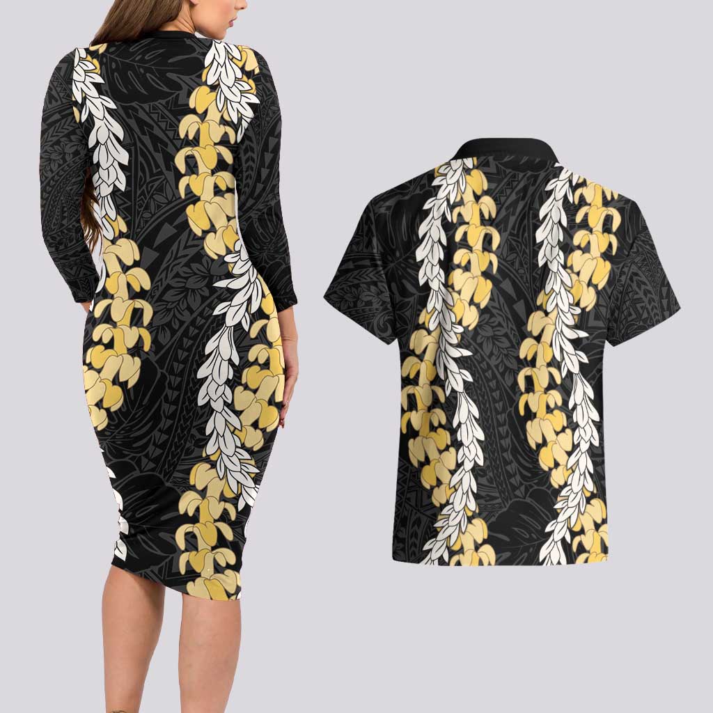 Puakenikeni and Maile Lei Couples Matching Long Sleeve Bodycon Dress and Hawaiian Shirt Black Double Strand Lei LT9 - Polynesian Pride