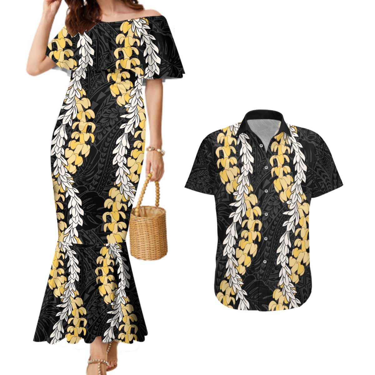 Puakenikeni and Maile Lei Couples Matching Mermaid Dress and Hawaiian Shirt Black Double Strand Lei LT9 Black - Polynesian Pride
