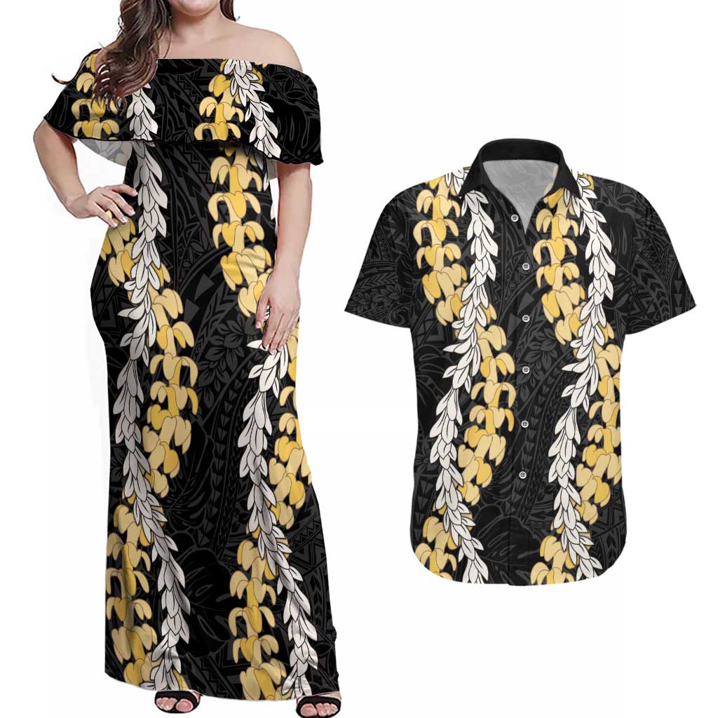 Puakenikeni and Maile Lei Couples Matching Off Shoulder Maxi Dress and Hawaiian Shirt Black Double Strand Lei LT9 Black - Polynesian Pride