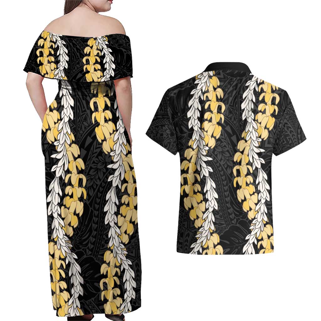 Puakenikeni and Maile Lei Couples Matching Off Shoulder Maxi Dress and Hawaiian Shirt Black Double Strand Lei LT9 - Polynesian Pride