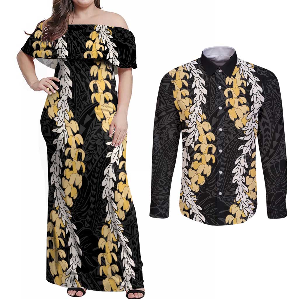 Puakenikeni and Maile Lei Couples Matching Off Shoulder Maxi Dress and Long Sleeve Button Shirt Black Double Strand Lei LT9 Black - Polynesian Pride