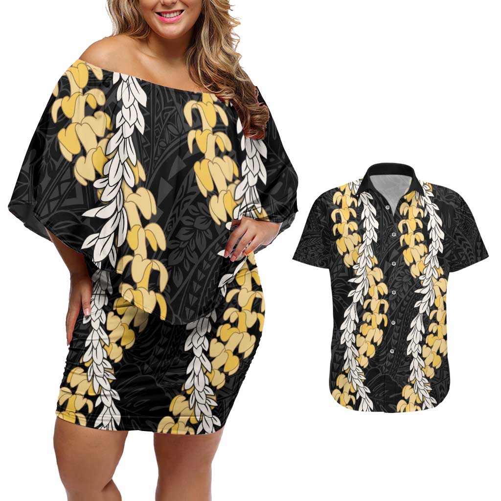 Puakenikeni and Maile Lei Couples Matching Off Shoulder Short Dress and Hawaiian Shirt Black Double Strand Lei LT9 Black - Polynesian Pride