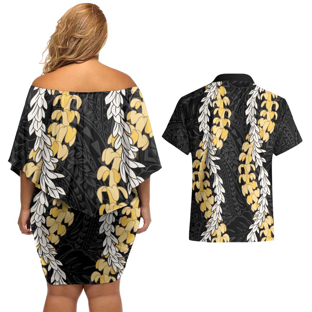 Puakenikeni and Maile Lei Couples Matching Off Shoulder Short Dress and Hawaiian Shirt Black Double Strand Lei LT9 - Polynesian Pride