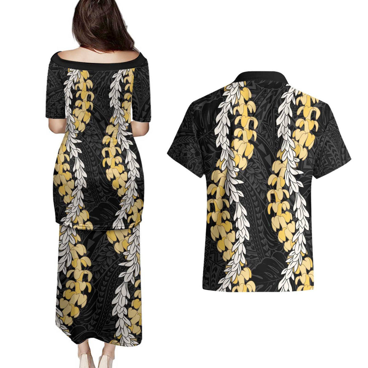 Puakenikeni and Maile Lei Couples Matching Puletasi and Hawaiian Shirt Black Double Strand Lei LT9 - Polynesian Pride