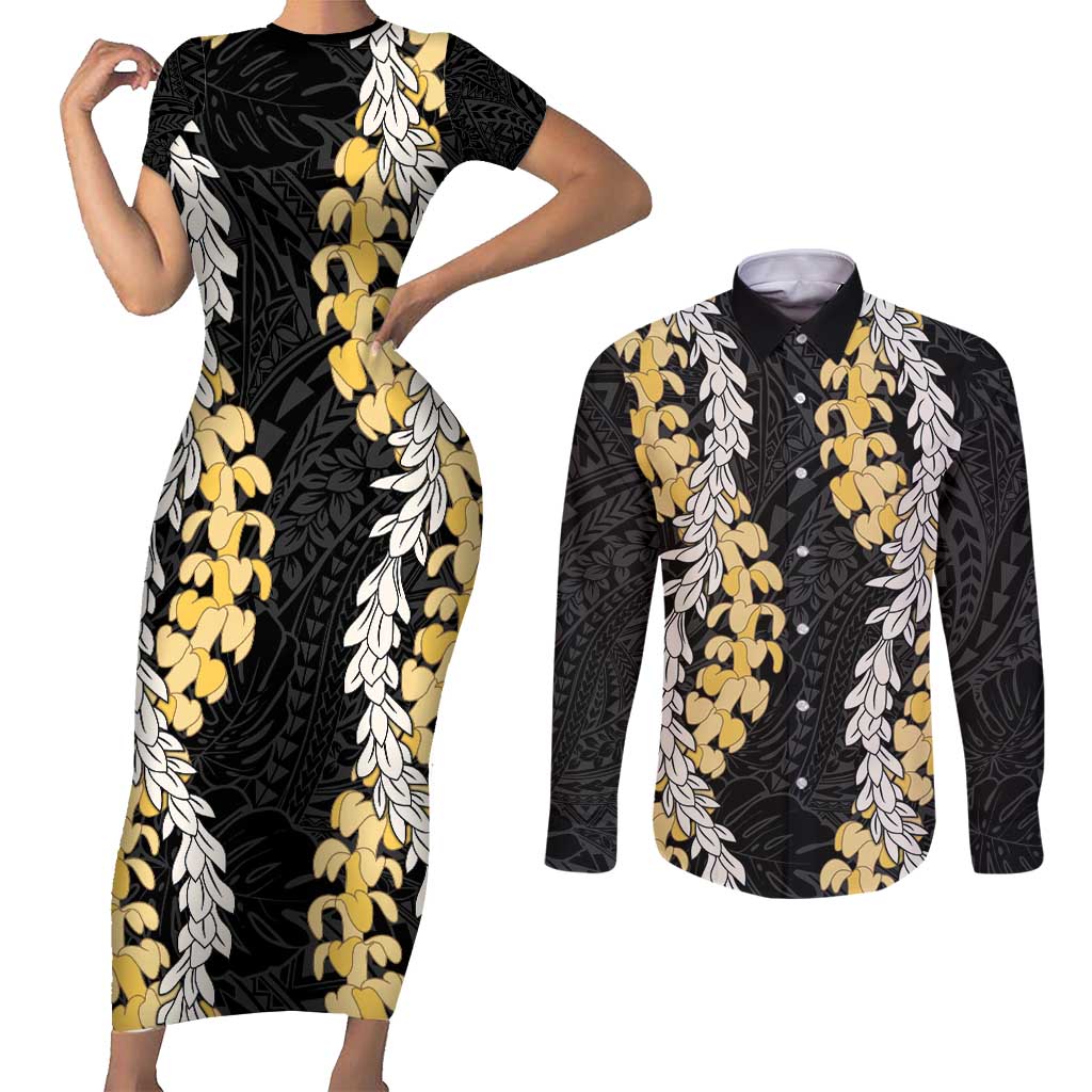 Puakenikeni and Maile Lei Couples Matching Short Sleeve Bodycon Dress and Long Sleeve Button Shirt Black Double Strand Lei LT9 Black - Polynesian Pride