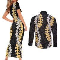 Puakenikeni and Maile Lei Couples Matching Short Sleeve Bodycon Dress and Long Sleeve Button Shirt Black Double Strand Lei LT9 - Polynesian Pride