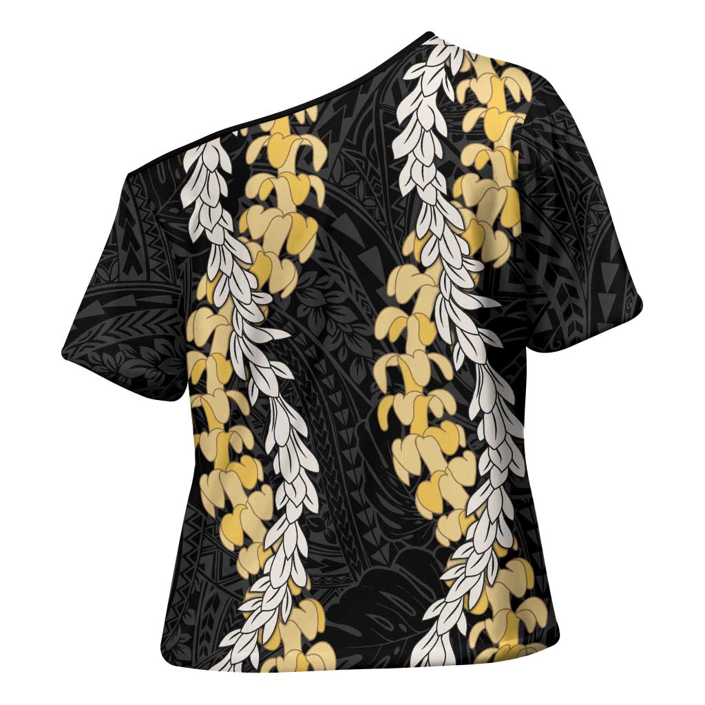 Puakenikeni and Maile Lei Cross Shoulder Shirt Black Double Strand Lei - Polynesian Pride