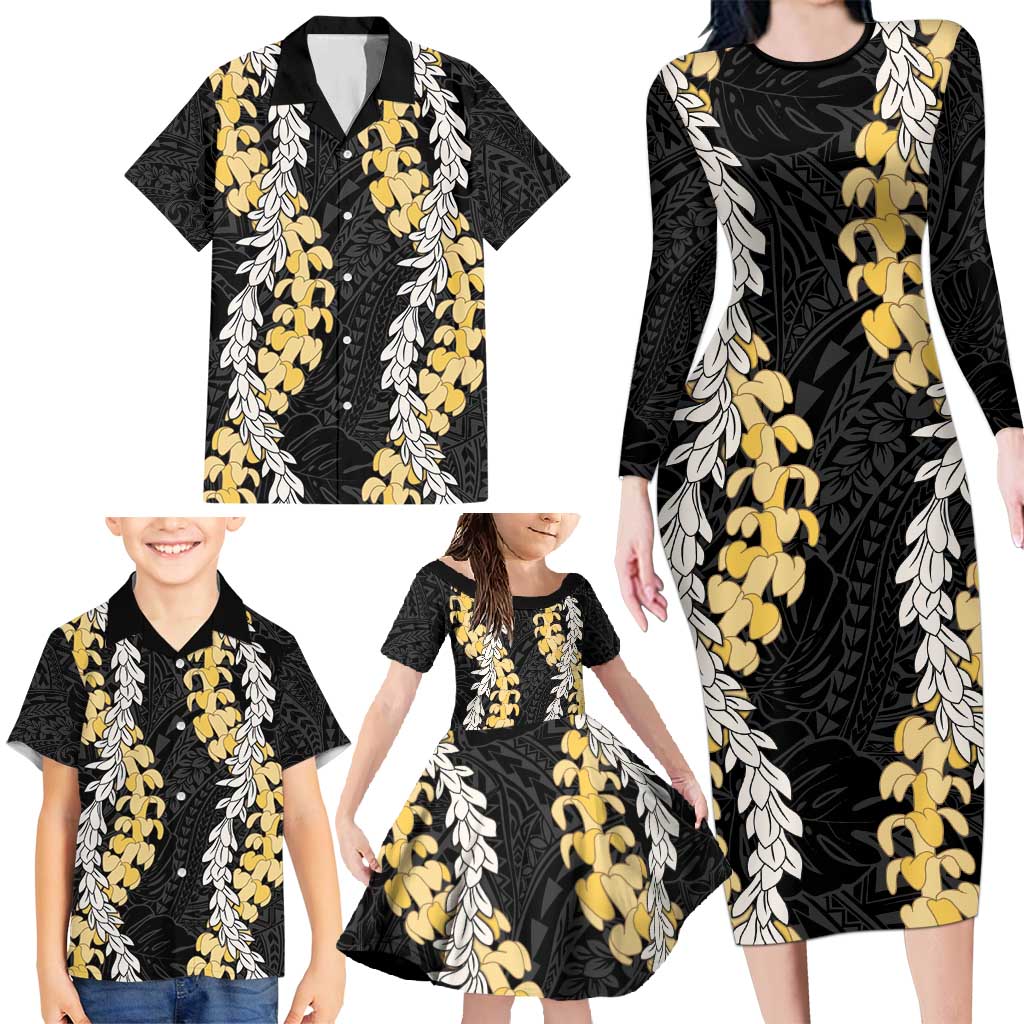 Puakenikeni and Maile Lei Family Matching Long Sleeve Bodycon Dress and Hawaiian Shirt Black Double Strand Lei LT9 - Polynesian Pride