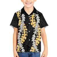 Puakenikeni and Maile Lei Family Matching Long Sleeve Bodycon Dress and Hawaiian Shirt Black Double Strand Lei LT9 Son's Shirt Black - Polynesian Pride