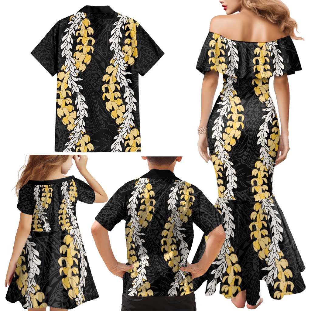 Puakenikeni and Maile Lei Family Matching Mermaid Dress and Hawaiian Shirt Black Double Strand Lei LT9 - Polynesian Pride