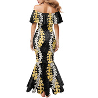 Puakenikeni and Maile Lei Family Matching Mermaid Dress and Hawaiian Shirt Black Double Strand Lei LT9 - Polynesian Pride