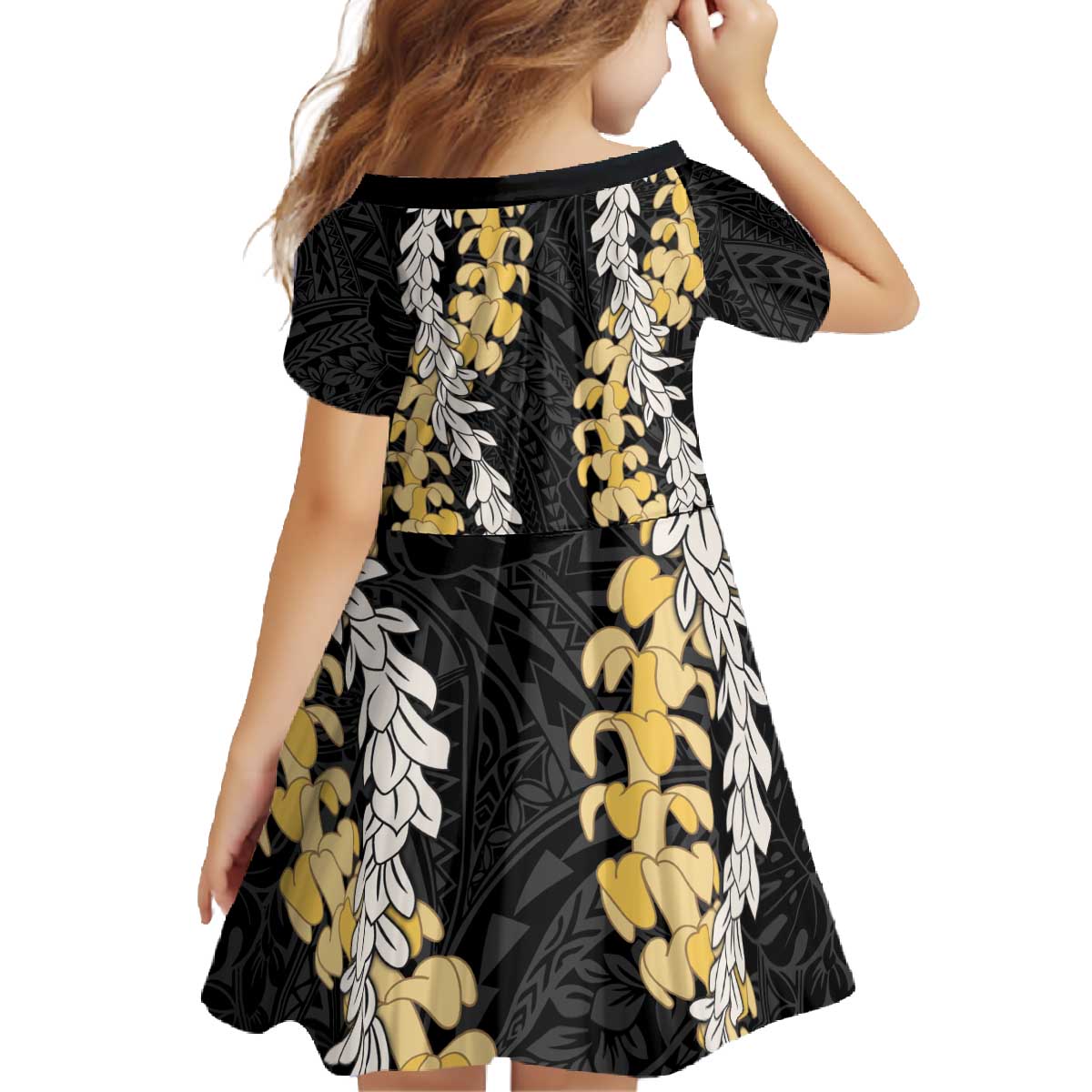 Puakenikeni and Maile Lei Family Matching Off The Shoulder Long Sleeve Dress and Hawaiian Shirt Black Double Strand Lei LT9 - Polynesian Pride