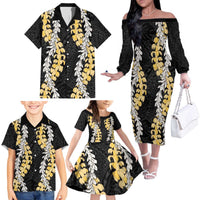 Puakenikeni and Maile Lei Family Matching Off The Shoulder Long Sleeve Dress and Hawaiian Shirt Black Double Strand Lei LT9 - Polynesian Pride