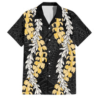 Puakenikeni and Maile Lei Family Matching Off The Shoulder Long Sleeve Dress and Hawaiian Shirt Black Double Strand Lei LT9 Dad's Shirt - Short Sleeve Black - Polynesian Pride