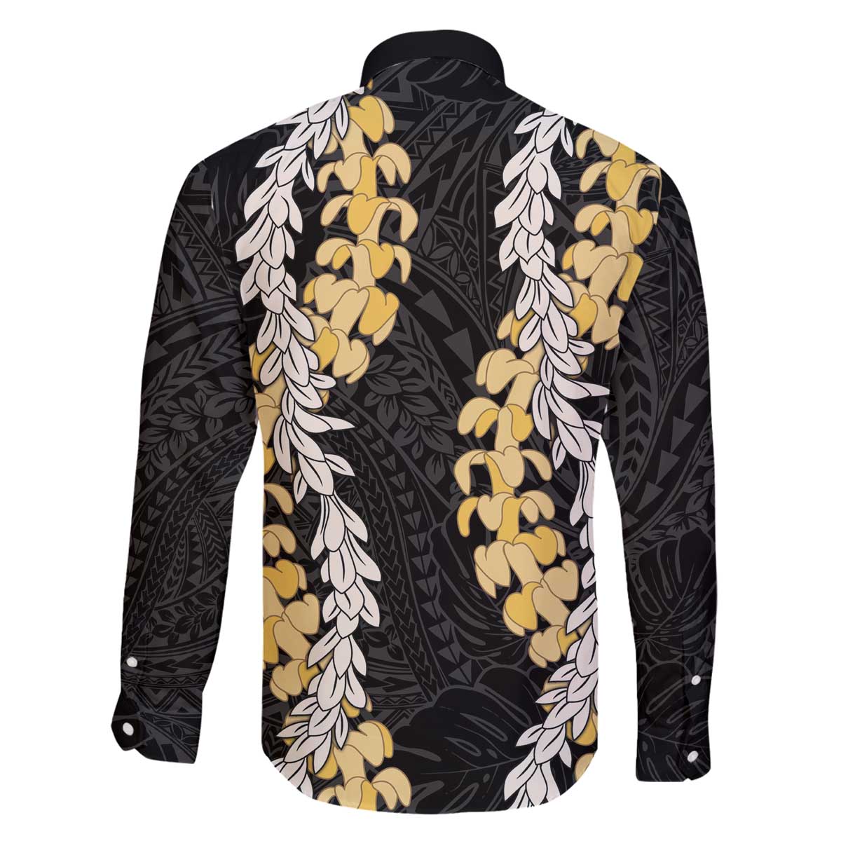 Puakenikeni and Maile Lei Family Matching Off The Shoulder Long Sleeve Dress and Hawaiian Shirt Black Double Strand Lei LT9 - Polynesian Pride