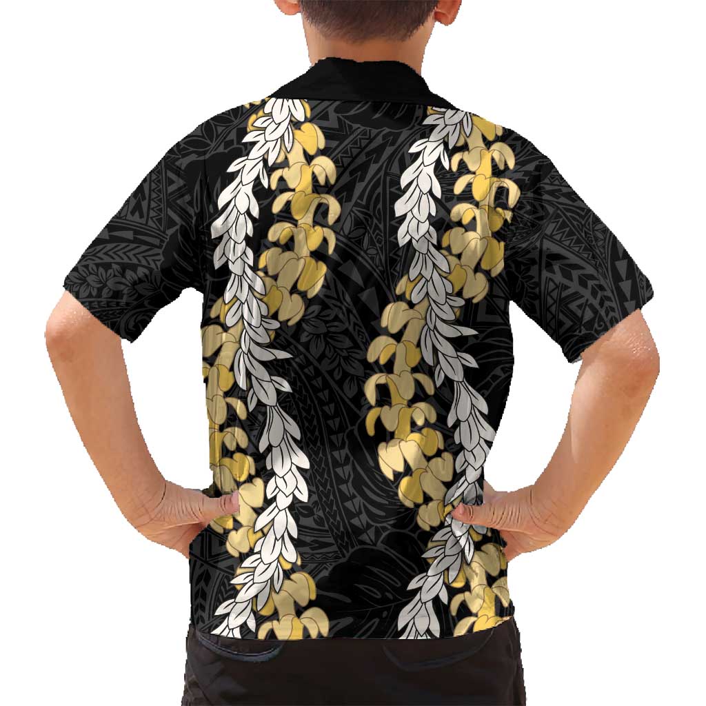 Puakenikeni and Maile Lei Family Matching Off Shoulder Maxi Dress and Hawaiian Shirt Black Double Strand Lei LT9 - Polynesian Pride