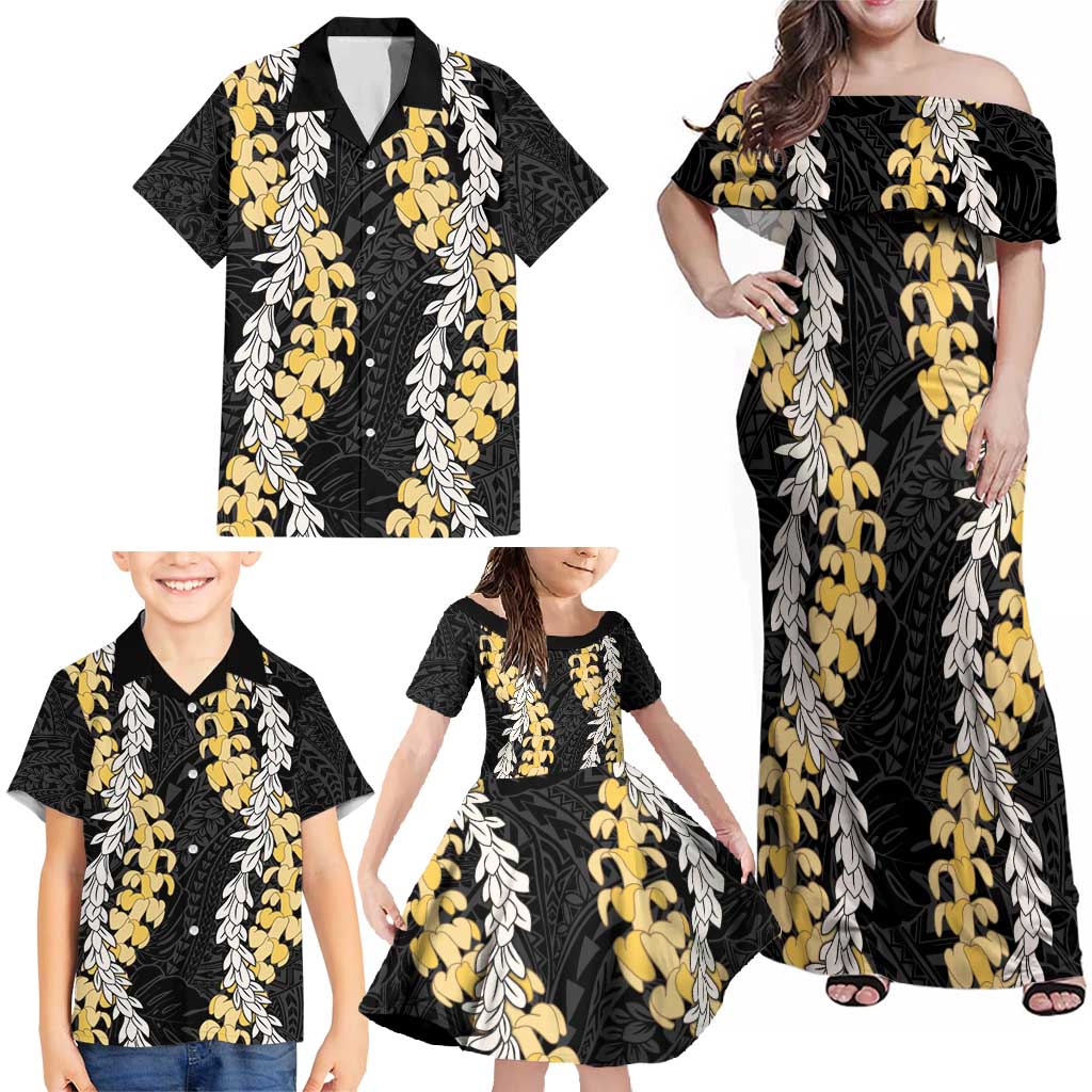 Puakenikeni and Maile Lei Family Matching Off Shoulder Maxi Dress and Hawaiian Shirt Black Double Strand Lei LT9 - Polynesian Pride