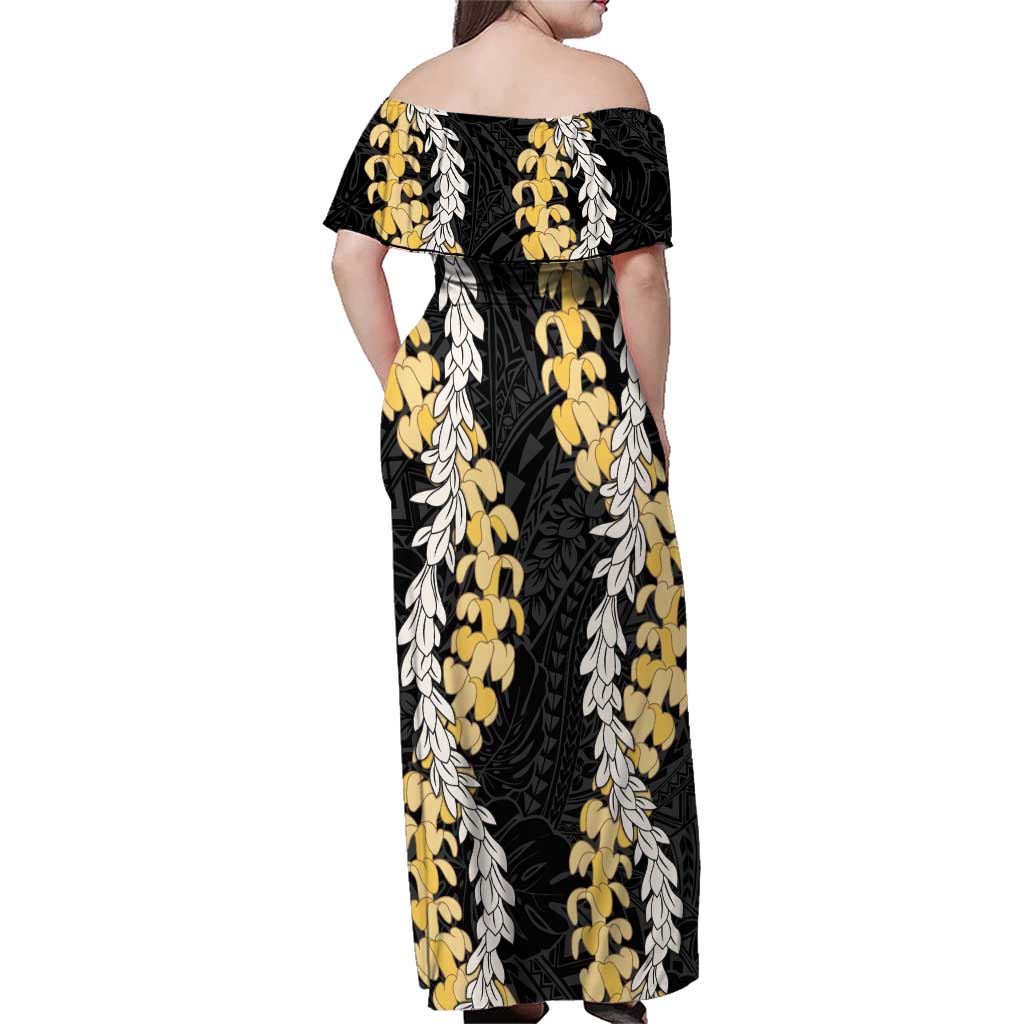 Puakenikeni and Maile Lei Family Matching Off Shoulder Maxi Dress and Hawaiian Shirt Black Double Strand Lei LT9 - Polynesian Pride