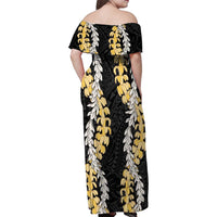 Puakenikeni and Maile Lei Family Matching Off Shoulder Maxi Dress and Hawaiian Shirt Black Double Strand Lei LT9 - Polynesian Pride