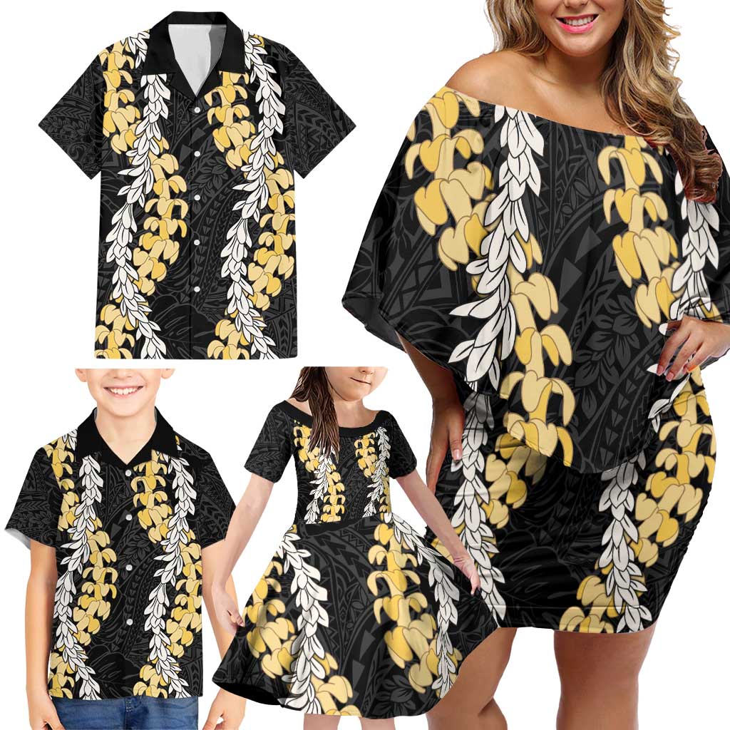 Puakenikeni and Maile Lei Family Matching Off Shoulder Short Dress and Hawaiian Shirt Black Double Strand Lei LT9 - Polynesian Pride