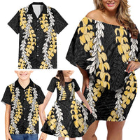 Puakenikeni and Maile Lei Family Matching Off Shoulder Short Dress and Hawaiian Shirt Black Double Strand Lei LT9 - Polynesian Pride
