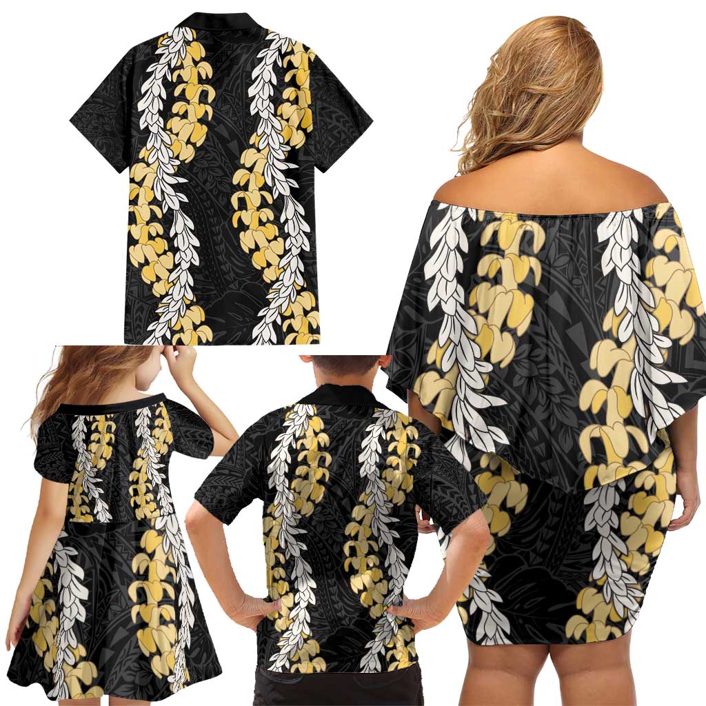 Puakenikeni and Maile Lei Family Matching Off Shoulder Short Dress and Hawaiian Shirt Black Double Strand Lei LT9 - Polynesian Pride
