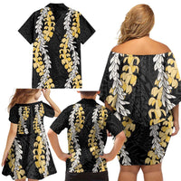 Puakenikeni and Maile Lei Family Matching Off Shoulder Short Dress and Hawaiian Shirt Black Double Strand Lei LT9 - Polynesian Pride