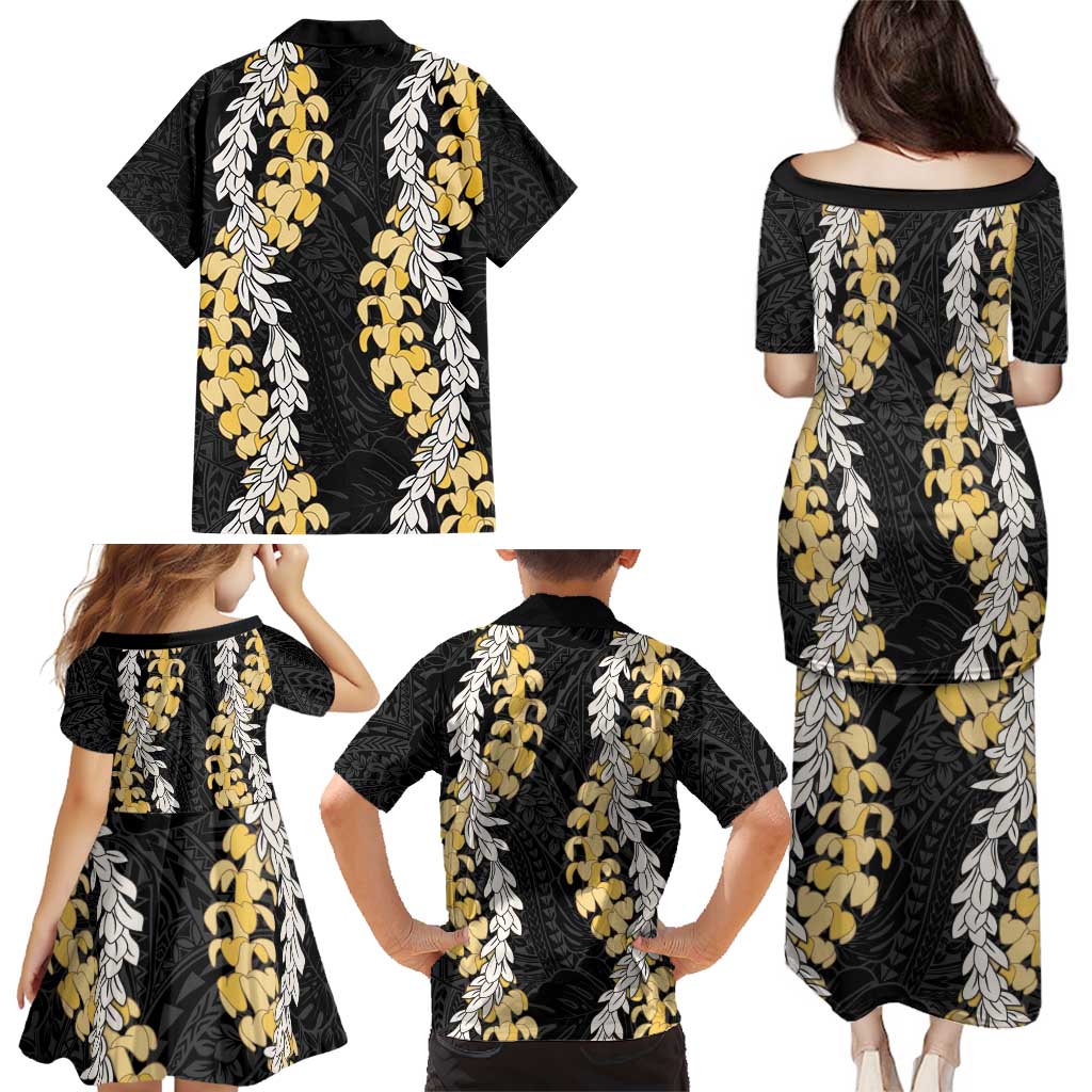 Puakenikeni and Maile Lei Family Matching Puletasi and Hawaiian Shirt Black Double Strand Lei LT9 - Polynesian Pride