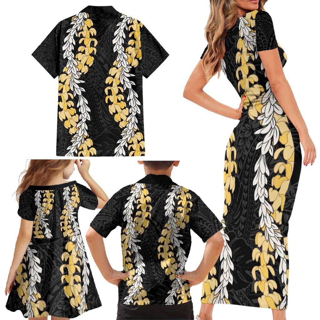 Puakenikeni and Maile Lei Family Matching Short Sleeve Bodycon Dress and Hawaiian Shirt Black Double Strand Lei LT9 - Polynesian Pride