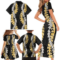 Puakenikeni and Maile Lei Family Matching Short Sleeve Bodycon Dress and Hawaiian Shirt Black Double Strand Lei LT9 - Polynesian Pride