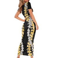 Puakenikeni and Maile Lei Family Matching Short Sleeve Bodycon Dress and Hawaiian Shirt Black Double Strand Lei LT9 - Polynesian Pride