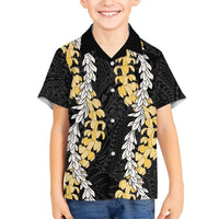 Puakenikeni and Maile Lei Family Matching Short Sleeve Bodycon Dress and Hawaiian Shirt Black Double Strand Lei LT9 Son's Shirt Black - Polynesian Pride