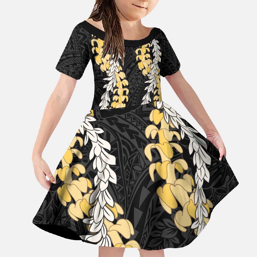 Puakenikeni and Maile Lei Family Matching Summer Maxi Dress and Hawaiian Shirt Black Double Strand Lei LT9 Daughter's Dress Black - Polynesian Pride