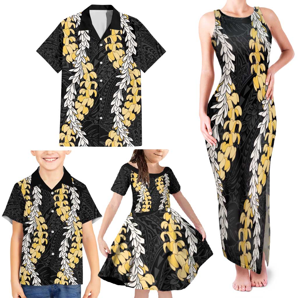 Puakenikeni and Maile Lei Family Matching Tank Maxi Dress and Hawaiian Shirt Black Double Strand Lei LT9 - Polynesian Pride