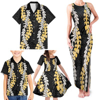 Puakenikeni and Maile Lei Family Matching Tank Maxi Dress and Hawaiian Shirt Black Double Strand Lei LT9 - Polynesian Pride
