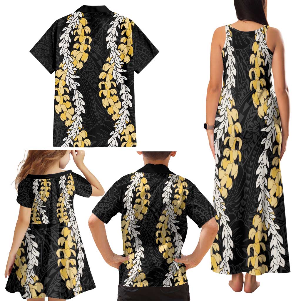 Puakenikeni and Maile Lei Family Matching Tank Maxi Dress and Hawaiian Shirt Black Double Strand Lei LT9 - Polynesian Pride
