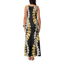 Puakenikeni and Maile Lei Family Matching Tank Maxi Dress and Hawaiian Shirt Black Double Strand Lei LT9 - Polynesian Pride