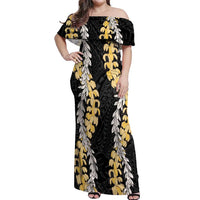 Puakenikeni and Maile Lei Off Shoulder Maxi Dress Black Double Strand Lei LT9 Women Black - Polynesian Pride