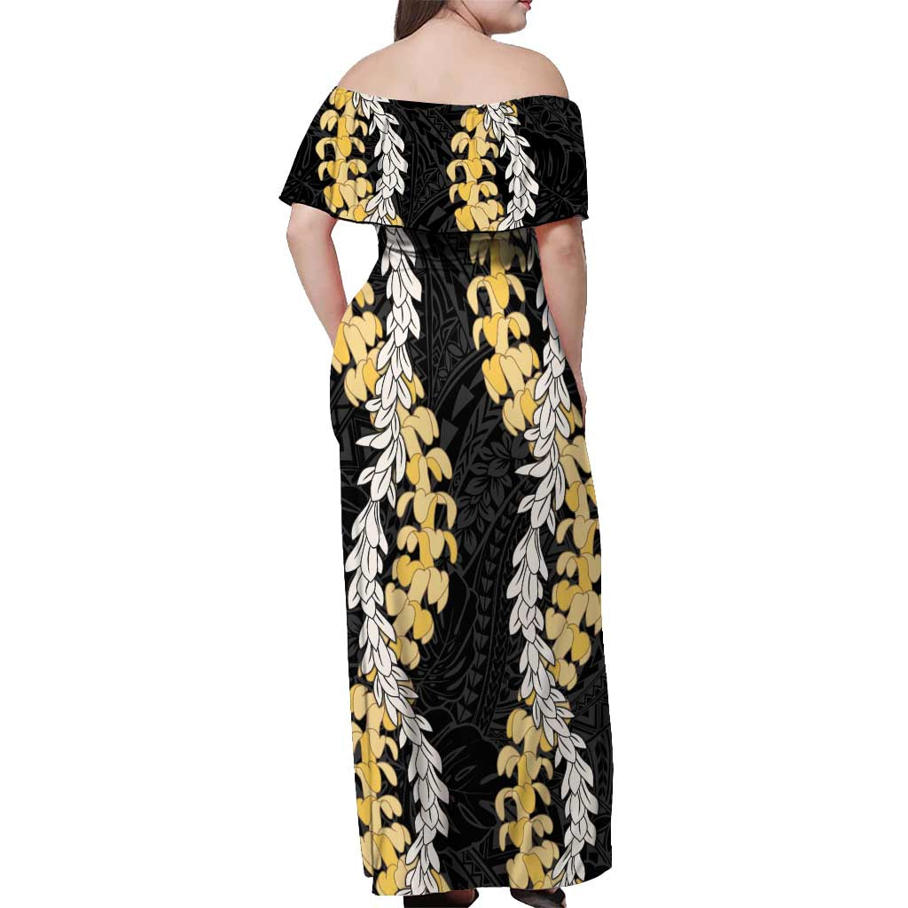 Puakenikeni and Maile Lei Off Shoulder Maxi Dress Black Double Strand Lei LT9 - Polynesian Pride