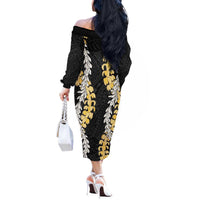 Puakenikeni and Maile Lei Off The Shoulder Long Sleeve Dress Black Double Strand Lei