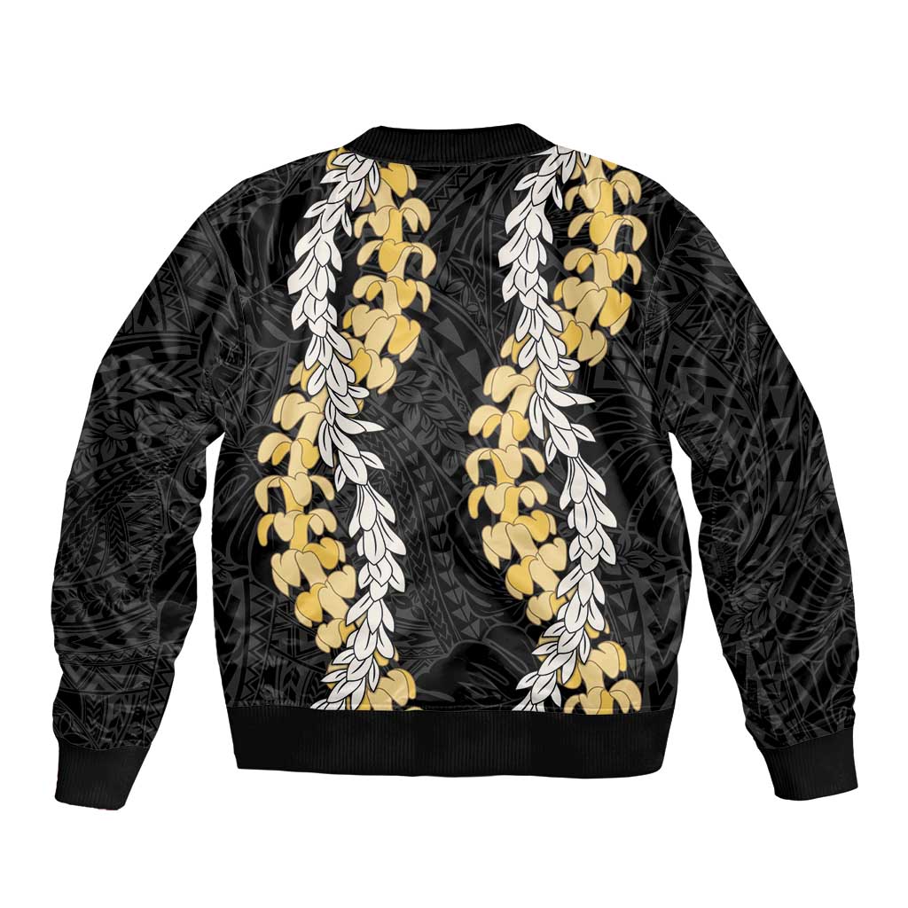 Puakenikeni and Maile Lei Sleeve Zip Bomber Jacket Black Double Strand Lei