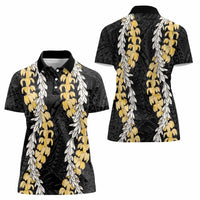 Puakenikeni and Maile Lei Women Polo Shirt Black Double Strand Lei