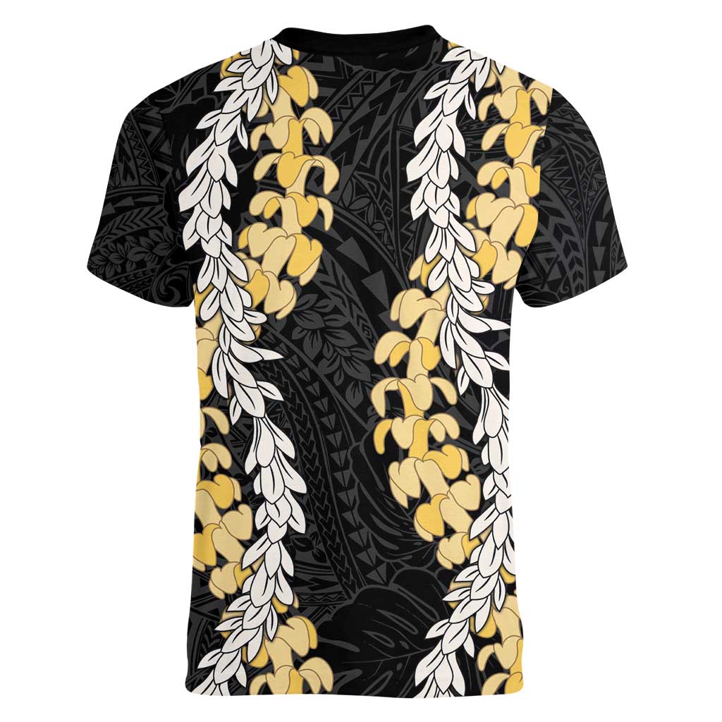Puakenikeni and Maile Lei Women V-Neck T-Shirt Black Double Strand Lei LT9 - Polynesian Pride