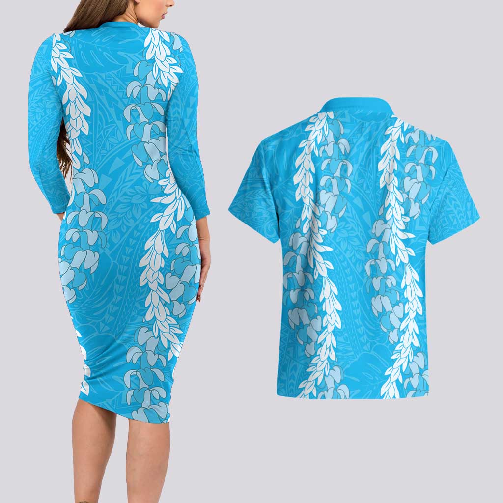 Puakenikeni and Maile Lei Couples Matching Long Sleeve Bodycon Dress and Hawaiian Shirt Blue Double Strand Lei LT9 - Polynesian Pride