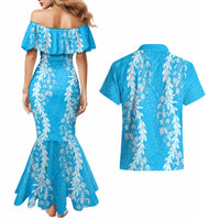 Puakenikeni and Maile Lei Couples Matching Mermaid Dress and Hawaiian Shirt Blue Double Strand Lei LT9 - Polynesian Pride